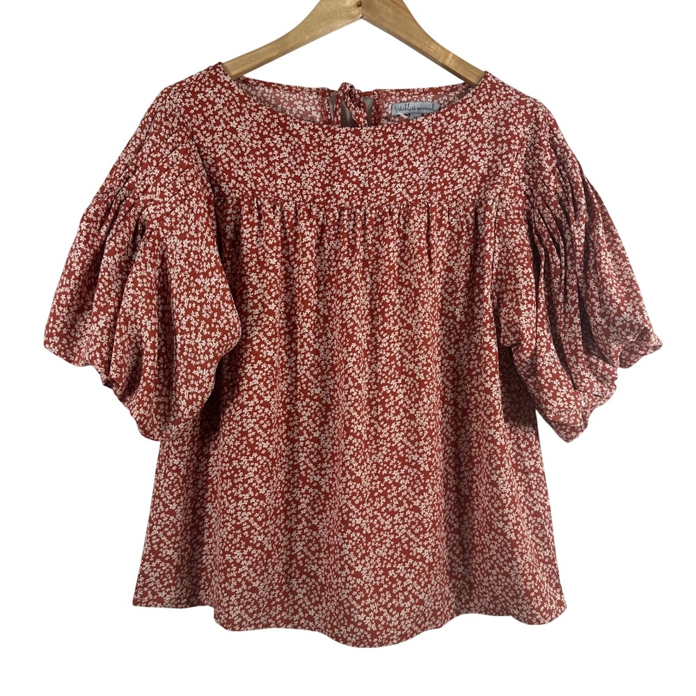 Wishlist Apparel Rust Orange Ditsy Floral Puff Sleeve Blouse Boho‎ Womens M